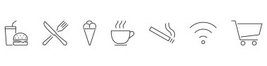 Fast food, yemek ve alışveriş hattı ikonu. İçecek, çatal bıçak, dondurma, kahve ve sigara sembolü koleksiyonu. Düzenlenebilir Vuruş. İzole Vektör İllüstrasyonu.