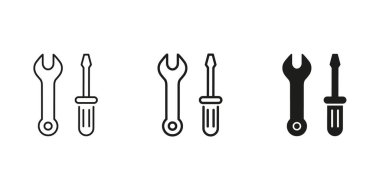 Anahtar ve Tornavida Hattı ve Katı Simge Ayarları. Ekipman ve Onarım Taslak ve Siluet Sembol Koleksiyonu. Bakım ve Diy konsepti. İzole Vektör İllüstrasyonu.