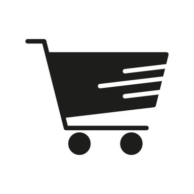Hız Hatları Katı Simgesi olan Alışveriş Arabası. Hızlı alışveriş, hızlı satın alma ve etkili bir e-ticaret siluet simgesi. Çevrimiçi Perakende ve Tüketici Konforu. İzole Vektör İllüstrasyonu.
