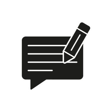 Kalem ve Konuşma Kabarcığı Katı Simge. İletişim, Geri bildirim ve Siluet Simgesi Taslağı. Yazma ve Mesaj Konsepti. İzole Vektör İllüstrasyonu.