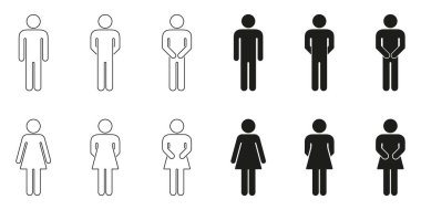 Erkek ve Kadın Tuvaleti Sembolleri Simgesi Seti. Cinsiyete Özel Banyo İmza Özeti ve Siluet Sembol Koleksiyonu. Kamu Tesisi ve Tuvalet Kimliği. İzole Vektör İllüstrasyonu.
