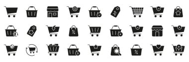 Alışveriş Arabası ve Sepet Katı Simge Seti. E-Ticaret, Perakende ve Çevrimiçi Alışveriş Silueti Sembol Koleksiyonu. İndirimli etiketler, mağazalar, işlemler dahil. İzole Vektör İllüstrasyonu.
