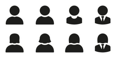 Kullanıcı Profili Avatar Katı Simge Ayarları. Erkek, Kadın ve Profesyonel Figürler Sembol Koleksiyonu da dahil olmak üzere kullanıcı siluetleri. Sosyal medya ve şebeke için ideal. İzole Vektör İllüstrasyonu.