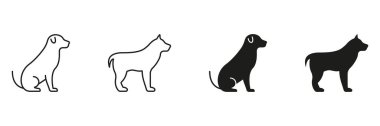 Köpek Silueti ve Taslak Simgesi. Oturma ve Ayakta Durmada Köpek Sembol Koleksiyonu. Hayvan Dostluğu ve Sadakat. İzole Vektör İllüstrasyonu.