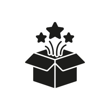 Yıldızlı Katı Simge Kutusunu Aç. Sürpriz, Heyecan ve Gizemli Boks Silueti Sembolü. Hediye Sunumu ve Kutlama. İzole Vektör İllüstrasyonu.