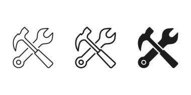 Hammer 'ı, Wrench Line' ı ve Solid Icon Set 'i geçtim. İnşaat, Tamir ve Bakım Aletleri Taslak ve Siluet Sembol Koleksiyonu. Diy ve Tamirci Hizmetleri. İzole Vektör İllüstrasyonu.