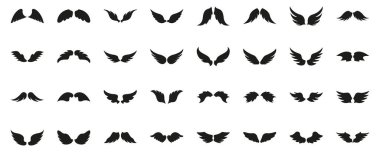 Kara Kanat Siluet Simgesi Ayarlandı. Angelic, Bird ve Fantezi Kanat Siluet Sembol Koleksiyonu. Ruhani, efsanevi ve sanatsal temalar için ideal. İzole Vektör İllüstrasyonu.