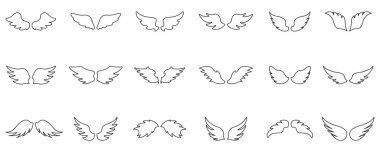 Angel Wings ana hatları simge seti. Ruhanilik, Özgürlük ve Koruyucu Çizgi Sembol Koleksiyonu. Dövmeler ve Sanat İçin Dekoratif Kanat Tasarımı. Düzenlenebilir Vuruş. İzole Vektör İllüstrasyonu.