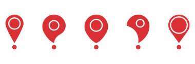Kırmızı Harita Pin Simgeleri Katı Simge Ayarları. Yer belirleyiciler, yön bulma ve yer belirleme silueti sembol koleksiyonu. Haritalar, GPS ve seyahat uygulamaları için ideal. İzole Vektör İllüstrasyonu.