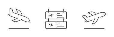 Uçak Kalkışı ve İniş Uçuş Kurulu Satır Simgesi Ayarlandı. Uçak kalkışı, varış ve havalimanı bilgilendirme sembolleri. Düzenlenebilir Vuruş. İzole Vektör İllüstrasyonu.