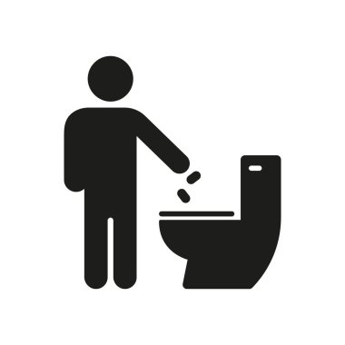 Tuvalet Atık İmha WC Siluet Simgesi. Temizlik Kuralları ve Tuvalet Görgü Kuralları ve Katı Sembolü İçin Çöp Döken Kişi. İzole Vektör İllüstrasyonu.