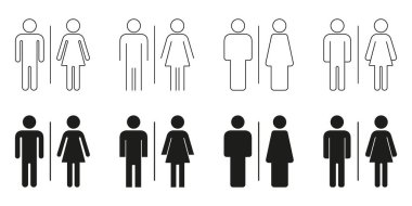 Erkek ve Kadın Tuvaleti İmza Simgesi Seti. Navigasyon ve Kamu Tesisleri Hattı ve Solid Styles için Toplu Cinsiyet Tuvalet Sembolleri. Erişilebilirlik İmzası. İzole Vektör İllüstrasyonu.