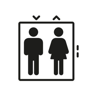 Erkek ve Kadın figürlü asansör, Katı Simge. Cinsiyet Ayırıcı Asansör İmza Silueti Sembolü. Toplu Taşımacılık, Erişilebilirlik ve Navigasyon. İzole Vektör İllüstrasyonu.