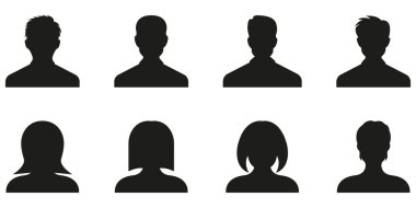 Profiller, Kişiler ve Takımlar için Kullanıcı Avatar Siluetleri Solid Simge Ayarları. Uygulamalar, Web siteleri ve Sosyal Medya Siluet Sembol Koleksiyonu için Profil Görselleri. İzole Vektör İllüstrasyonu.