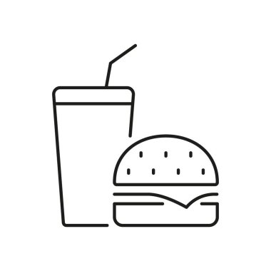 Hamburger ve içecek ikonu. Fast Food Menüsü, Fast Service Yemeği ve paket içecek ana hatları sembolü. Atıştırmalık ve içecek kavramı. Düzenlenebilir Vuruş. İzole Vektör İllüstrasyonu.