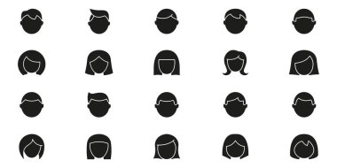 Erkek ve Kadın Karakterler İçin Farklı Saç Tarzları olan Minimalist Kullanıcı Görselleri Katı Simge Kümesi. Sosyal Kimlik Silueti Sembol Koleksiyonu için Düz İnsan Profil Simgeleri. İzole Vektör İllüstrasyonu.