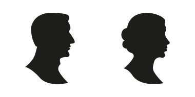 Erkek ve Kadın Siluet Profilleri Katı Simge Kümesi. Cinsiyet Temsili ve Kimlik Silueti Sembol Koleksiyonu. İletişim için İnsan Profili Silüetleri. İzole Vektör İllüstrasyonu.