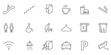 Kamu Tesisi ve Hizmet Simgeleri Koleksiyonu. Erişilebilirlik, Konfor ve Uygunluk Sembolleri Ayarlandı. Yürüyen merdiven, merdiven, giriş dahil. Düzenlenebilir Vuruş. İzole Vektör İllüstrasyonu.