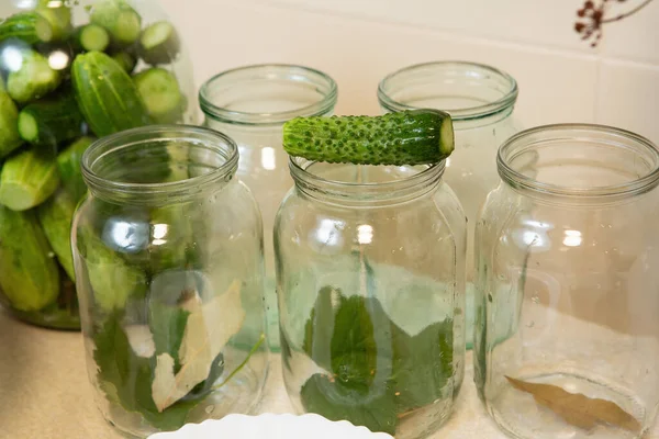 Table Jars Prepared Canning Cucumbers Cucumbers Stacked One Them — Stock Photo, Image