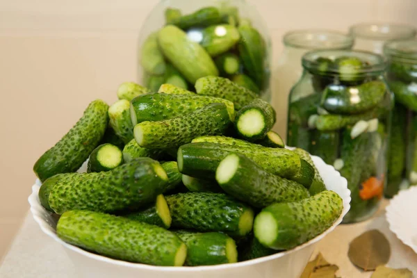 Table Jars Plates Fresh Pickles — Stock Photo, Image