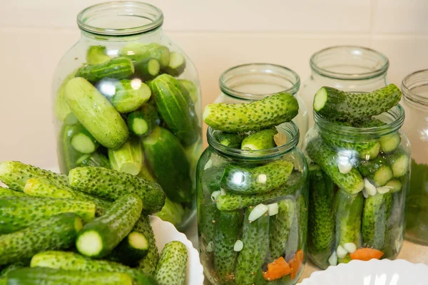 Jars Filled Cucumbers Other Essential Ingredients Canning — Stock Photo, Image