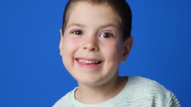 Смішний Щасливий Дошкільний Хлопчик Посміхається Дивиться Камеру Синьому Фоні — стокове відео