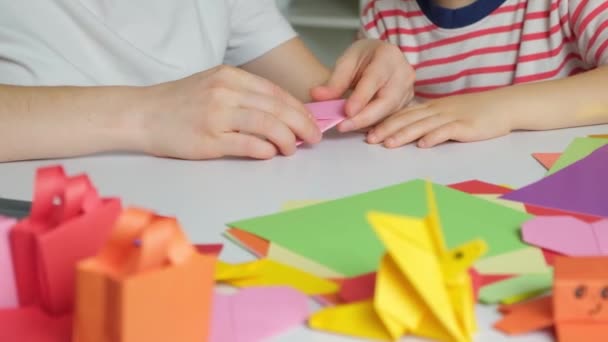 Мать Сын Делают Поделки Бумаги Оригами Создают Фигурки Животных — стоковое видео