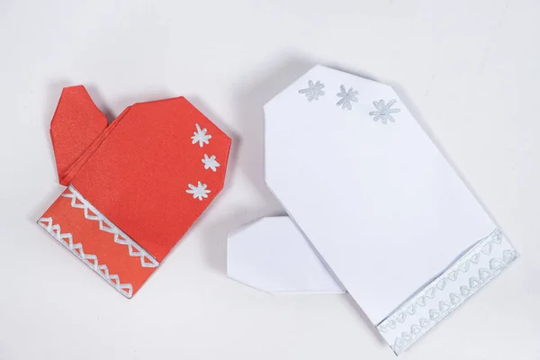 Christmas Origami Mitten Paper White Background Diy New Year — Stock Photo, Image