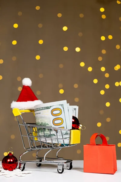 Задньому Плані Візок Грошима Подарунками Різдво Новий Рік — стокове фото