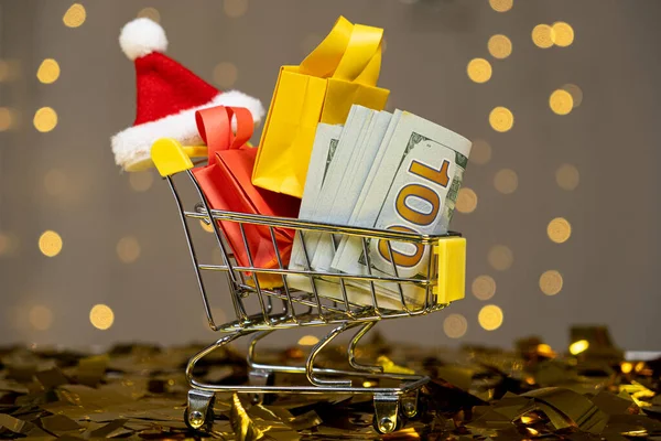 Новорічні Різдвяні Покупки Сумки Долари Святкові Знижки Розпродажі — стокове фото