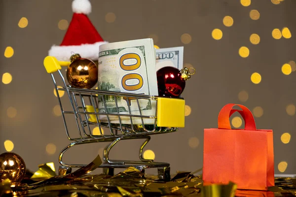 Задньому Плані Візок Грошима Подарунками Різдво Новий Рік — стокове фото