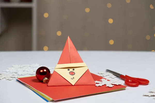 Christmas Origami Red Santa Claus Paper Diy New Year — Stock Photo, Image