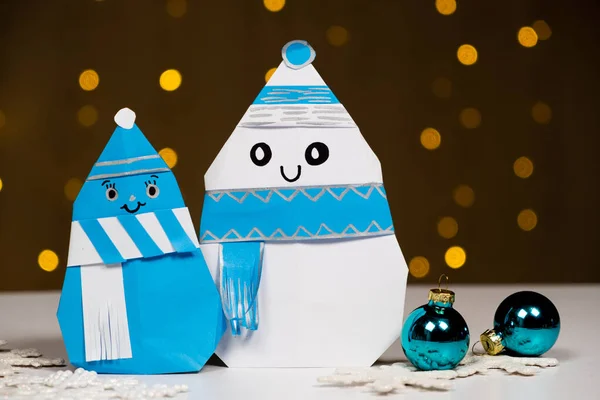 Christmas Crafts Origami Snowmen Paper Background Bokeh Yourself — Stock Photo, Image