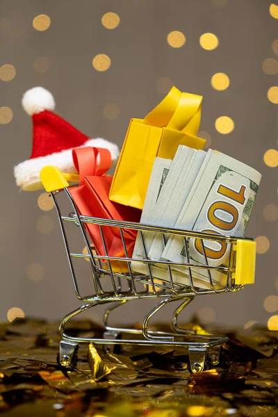 Новорічні Різдвяні Покупки Сумки Долари Святкові Знижки Розпродажі — стокове фото