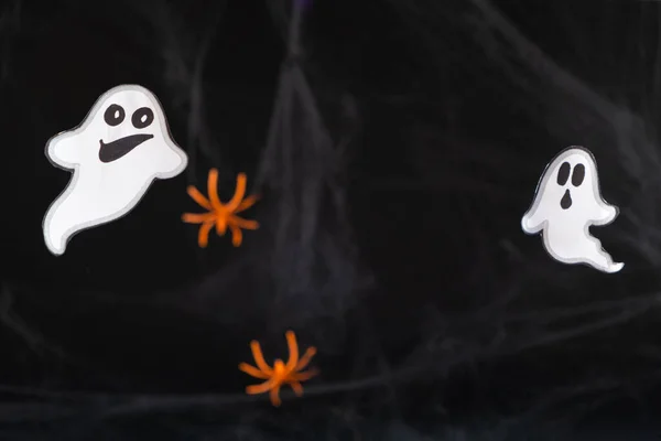 Two Merry Ghosts Made Paper Black Background Spider Webs Spiders — Stock Photo, Image