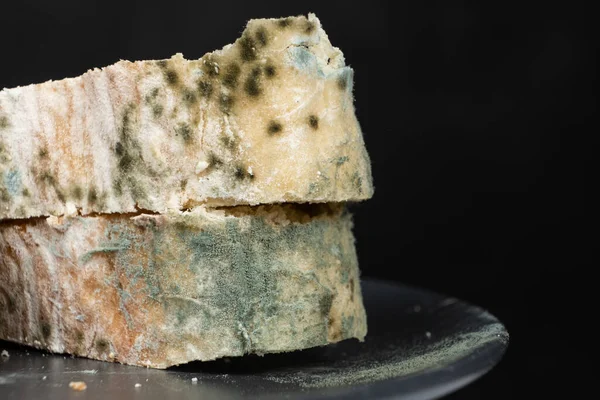 Mold on bread on a black background close-up. The danger of mold, stale products