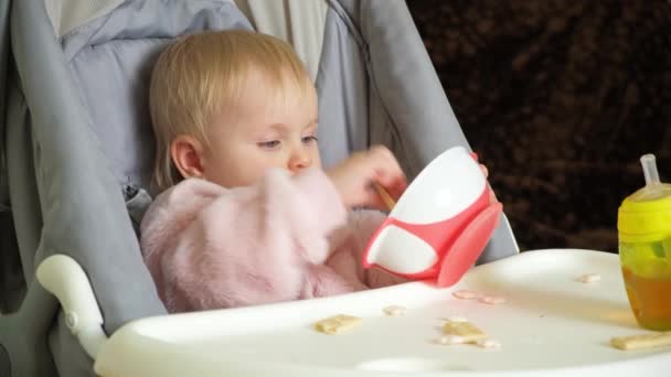 One Year Old Girl Plays Plate Biscuits Sitting High Chair — Stockvideo