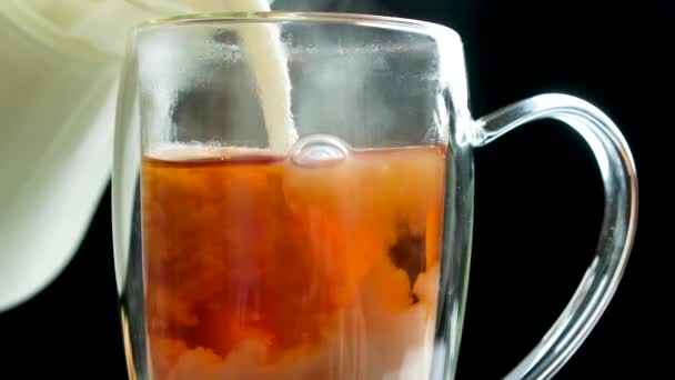 Making Milk Tea Milk Glass Jug Poured Black English Tea — Stok video
