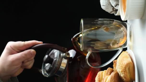 Black Tea Kettle Poured Glass Cup Double Bottom Tea Ceremony — Stok video