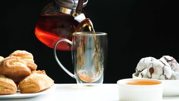 Black Tea Kettle Poured Glass Cup Double Bottom Tea Ceremony — Vídeos de Stock