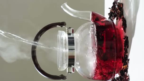 Process Making Red Hibiscus Tea Sudanese Rose Flowers Glass Teapot — Vídeos de Stock