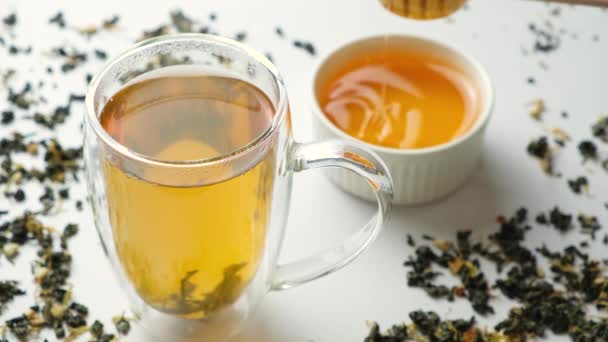 Add Liquid Lime Honey Glass Cup Green Tea — Video Stock