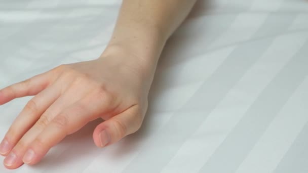 Tenderness Softness Stripe Satin Bed Linen Woman Runs Her Hand — Stok Video