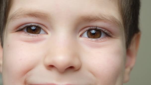 Pohled Usměvavého Pětiletého Chlapce Hledícího Kamery Hnědé Oči Detailní Záběr — Stock video