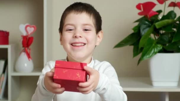 Cute Year Old Boy Gives Red Box Gift Mothers Day — Stockvideo