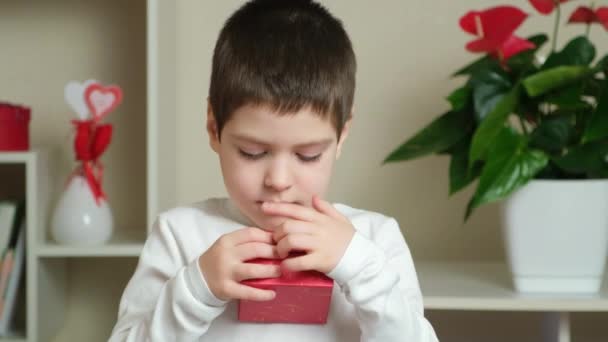 Cute Year Old Boy Gives Red Box Gift Mothers Day — Stock Video