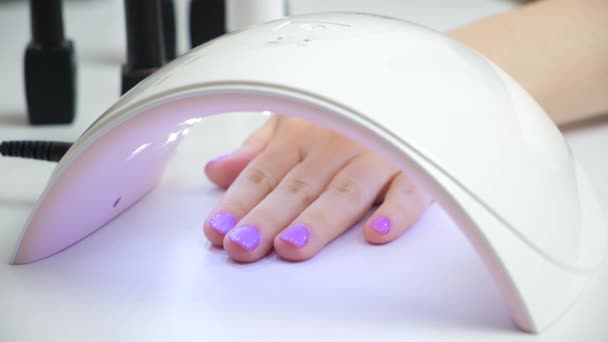 Drying Top Gel Polish Ultraviolet Led Lamp Manicure Home Yourself — Vídeo de Stock
