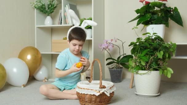 Ένα Χαριτωμένο 5Χρονο Αγόρι Παίζει Αυγά Βγάζει Από Καλάθι Αυτιά — Αρχείο Βίντεο