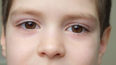 Kameraya bakan 5-6 yaşlarında ciddi bir çocuğun bakışları, kahverengi gözler.