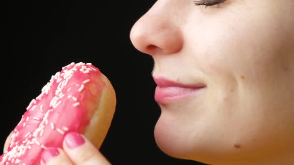 Woman Going Eat Donut Sniffs Licks Smell Taste Food Delicacies — Stock Video